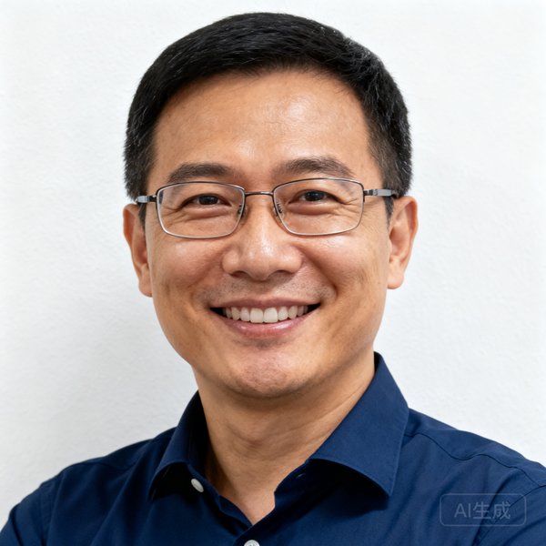 MK体育创始人兼CEO林志远的职业头像，一位戴着眼镜、穿着深蓝色衬衫的35岁男士，面带微笑，背景是简洁的白色墙面，显得沉稳而专业